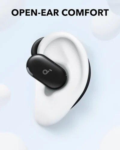 User wearing the original Soundcore V20i showing the comfortable non-in-ear open design