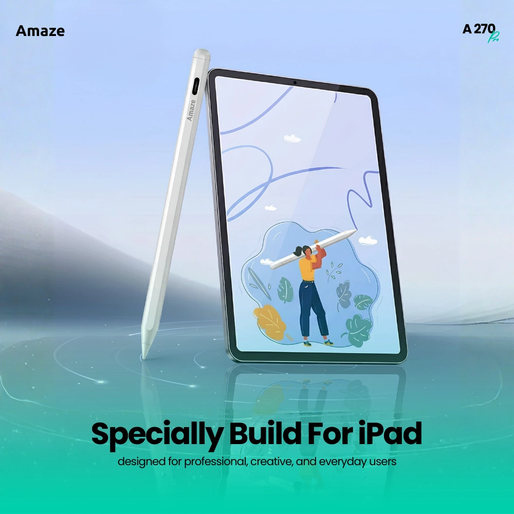 3 Amaze A270 Pro ipad pencil official tech4u.pk White Amaze A270 Pro pen charging magnetically on the side of an iPad frame